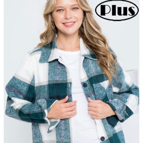 NEW 1X FLANNEL SHACKET JACKET Button Woven Twill Green White Purple Plaid NWT - Picture 5 of 5